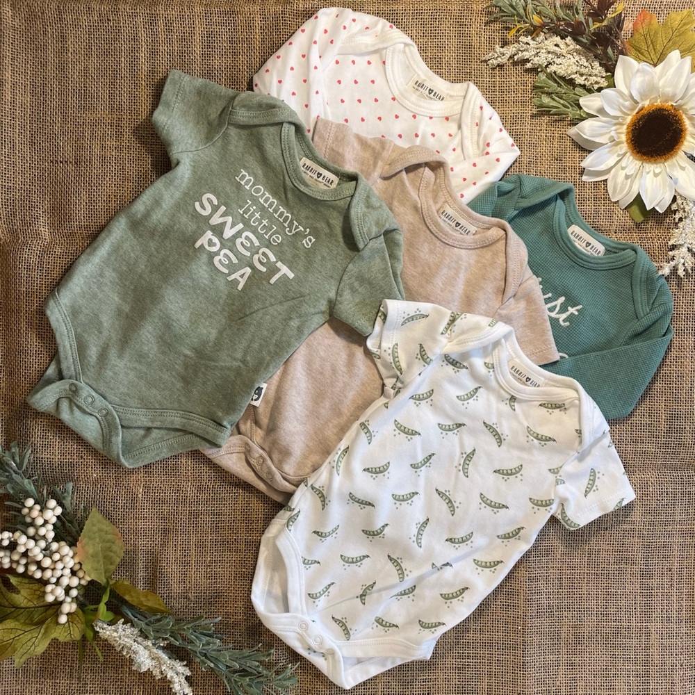 Rabbit + Bear Asstd. Cotton Bodysuits, Set of 5 Long and Short Sleeved